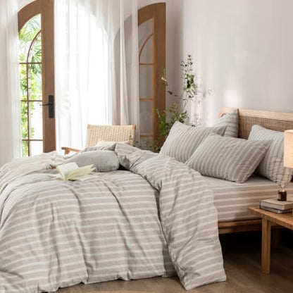 BESTOUCH Striped Cotton Duvet Cover Set Linen Feel Super King
