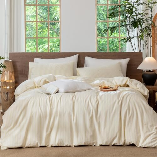 MooMee Striped Duvet Cover Set 100% Washed Cotton Linen Like King
