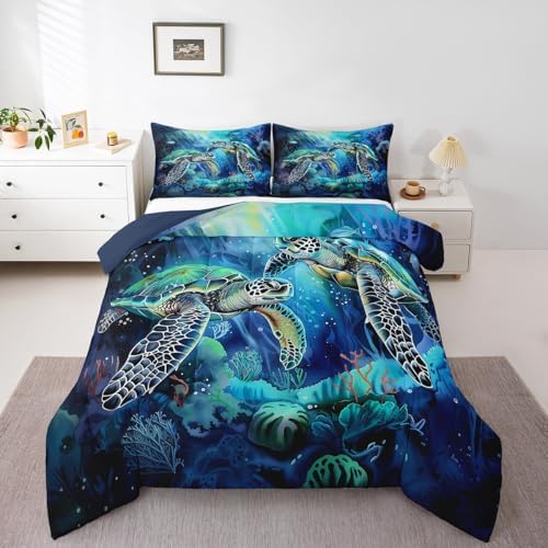 Homewish Sea Turtle Comforter Set Twin Size,Cute Sea Animal Bedding Sets for Kids Gilrs Boys Teens Adult Room Decor,Colorful Coral Pattern Down Comforter Blue Green Reversible Quilt Set,1 Pillowcase