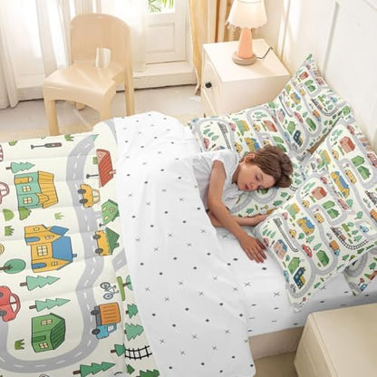 Erosebridal 7 Pcs Cartoon City Car Bedding Set King Size Cute Bicycle Train Kids Comforter Set with Sheets Multicolor Cityscape Bed in A Bag for Boys Girls Transportation Road & Railway Bed Sets