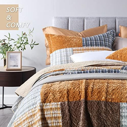Secgo Quilt King Size - 100% Cotton Bedding Set (98 * 106 Inch) with 2 Pillow Shams, Patchwork Reversible Lightweight Bedspread, Quilted Coverlet Fit All-Season