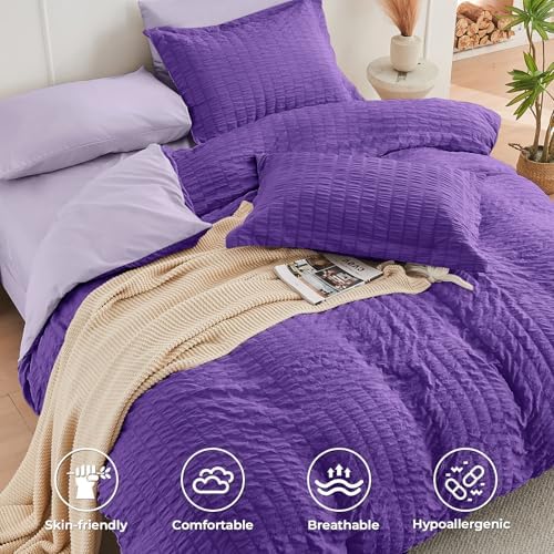 HYMOKEGE Dark Purple/Lavender Queen Comforter Set Seersucker 7 Pieces, All Season Luxury Bed in a Bag Queen for Bedroom, Bedding Set with Comforter, Sheets, Pillowcases & Shams