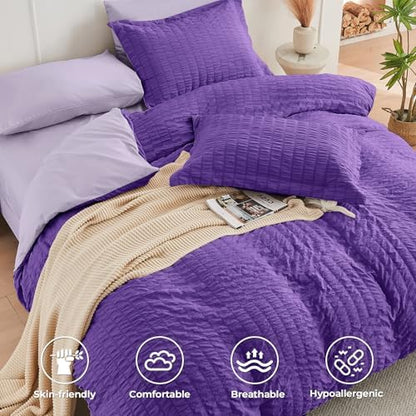 HYMOKEGE Dark Purple/Lavender Queen Comforter Set Seersucker 7 Pieces, All Season Luxury Bed in a Bag Queen for Bedroom, Bedding Set with Comforter, Sheets, Pillowcases & Shams