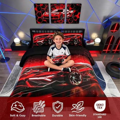 Feelyou Kids Boys Sports Comforter Set Twin Size Red Race Car Comforter for Kids Teens Room Decor Extreme Sports Theme Bedding Set Cool Speed Luxury Car Decor Quilt Set Soft for All Season