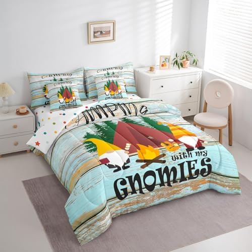 Erosebridal Kids Camping 7 Piece Bedding Set King,Kawaii Camper Gnomes Comforter Set Bed in a Bag,Vintage Farmhouse Wooden Board Flat Fitted Sheet,Jungle Trees Duvet Insert Reversible