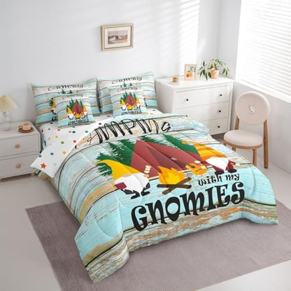 Erosebridal Kids Camping 7 Piece Bedding Set King,Kawaii Camper Gnomes Comforter Set Bed in a Bag,Vintage Farmhouse Wooden Board Flat Fitted Sheet,Jungle Trees Duvet Insert Reversible