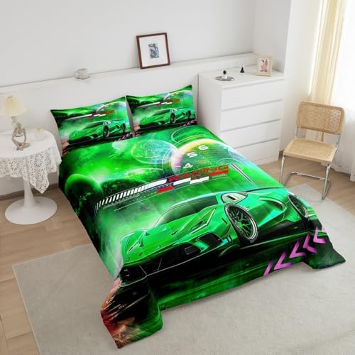 Feelyou Green Race Car Bedding Set Toddler Size for Kids Boys Extreme Sports Car Comforter Set Decorations Teens Galaxy Planet Car Duvet Set Cool Modern Quilt Set