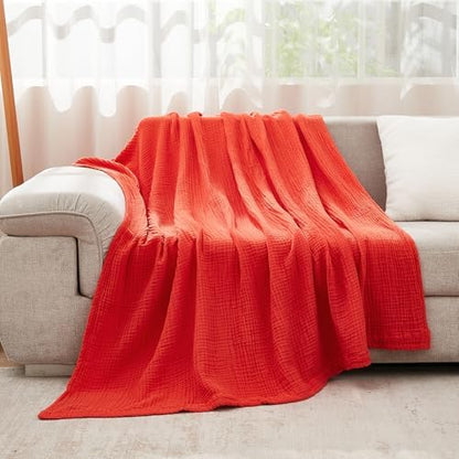 EMME Muslin Blankets for Adults Throw Blanket for Couch Breathable Gauze Soft Lightweight Airy Orange Rust Twin 60" x 80"