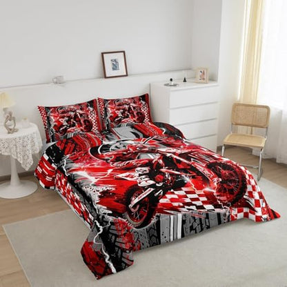 Feelyou Dirt Bike Kids Bedding Set,Boys Girls King Size,Racing Motocross Comforter Set,Extreme Sports Ultra Soft Duvet Quilt,Motorcycle Comforter Motorbike Bedroom Decor Red