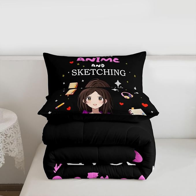 Erosebridal Japanese Girl Bedding Set Anime Cartoon Twin Down Comforter Japanese Style Girly Black Comforter Set Aesthetic Cool Anime Modern Art Quilt Set for Kids Bedroom Decor