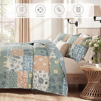 California King Quilt Set-3 Pieces Soft Bedding Floral Patchwork Coverlet