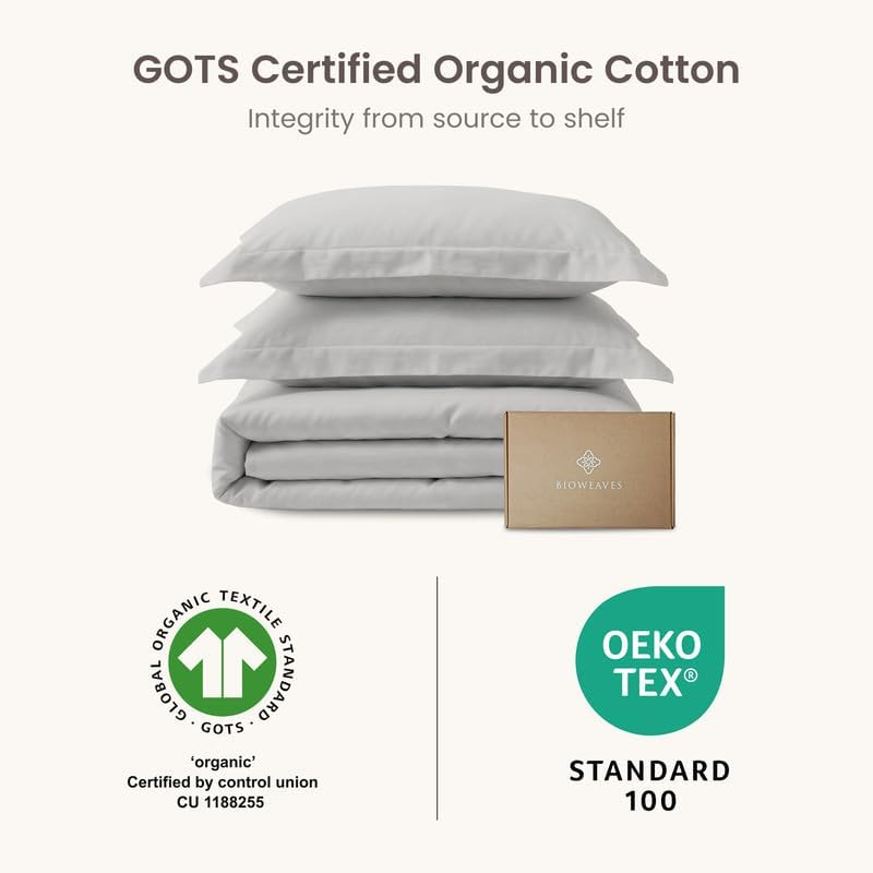BIOWEAVES 100% Organic Cotton Full/Queen Duvet Cover Set, 3-Piece, 300 Thread Count Sateen Weave GOTS Certified Comforter Cover with Buttoned Closure and 2 Pillow Shams – Silver, 90x90 inches