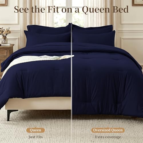 Queen Comforter Set 7 Piece with Lightweight Comforter, Navy Blue