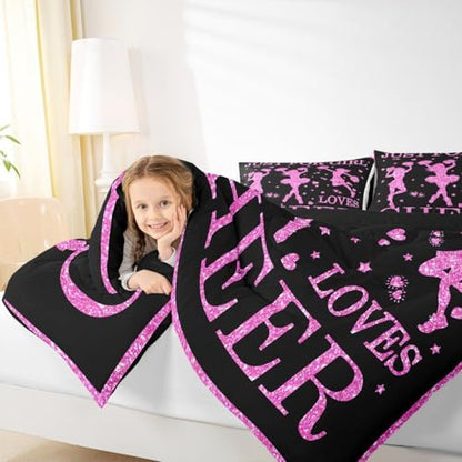 Just for Girl Loves Cheer Comforter Set King Teen Girls Cheer Sports Bedding Sets for Cheerleader Gifts,Pink Purple Glitter Sequins Quilt Duvet Love Hearts Star Decor Comforter Black Room Decor 3 Pcs