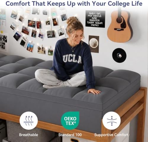 ELEMUSE Twin XL Grey Mattress Topper for College Dorm, Thick Pillow Top