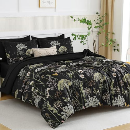Yiran Floral Full Size Comforter Set, Black Dandelion Plant Botanical Comforter Bedding Set, 7 Piece Summer Bed in a Bag, Soft Microfiber Complete Bedding Set with Sheets for All Season