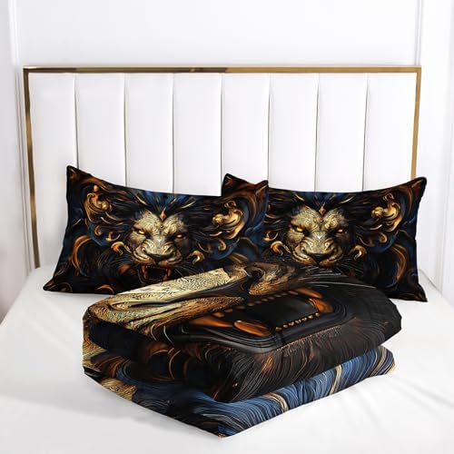 Black and Gold Lion Comforter Set Queen Bed Set，Lion Animal Print Bedding Queen Size，with 1 Comforter with 2 Pillow Case，Animal Themed Bedroom Decor