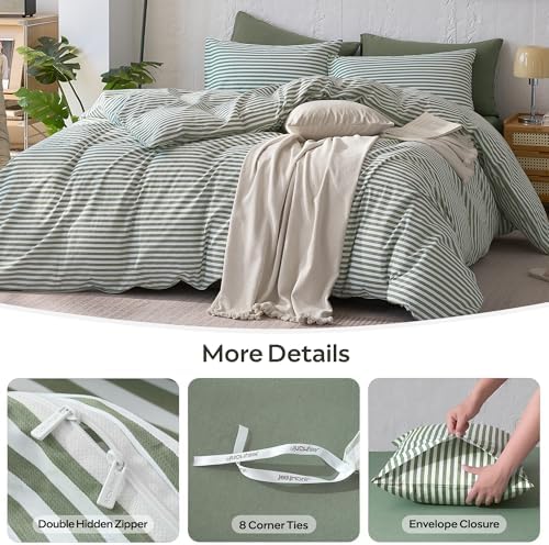 JELLYMONI 100% Cotton Printed Striped Twin Duvet Cover Set, Green