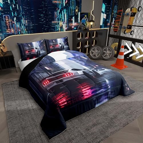 Erosebridal Kids Boys Sports Car Comforter Set Toddler White Race Car Bedding Extreme Sport Duvet Insert with 1 Pillowcase Boys Room Decor Cool Cars Toddler Comforter for Teen,Soft Microfiber
