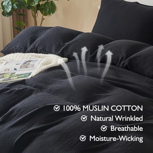EMME Muslin Cotton Duvet Cover Set Linen Like Black King