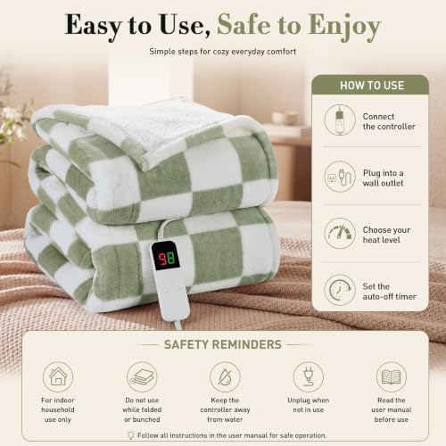 Electric Blanket Heated Twin 62"X84", Heating Blanket Twin, Sage Green
