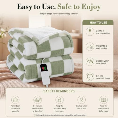 Electric Blanket Heated Twin 62"X84", Heating Blanket Twin, Sage Green