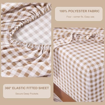 Gingham King Sheet Set, Lightweight Super Soft Brushed Microfiber Plaid Bed Sheets with 16" Deep Pocket, 4 Piece Ruffle Farmhouse Bedroom Decor, Taupe