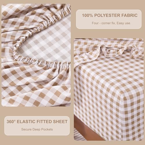 Gingham Full Sheet Set, Lightweight Super Soft Brushed Microfiber Plaid Bed Sheets with 16" Deep Pocket, 4 Piece Ruffle Farmhouse Bedroom Decor, Taupe