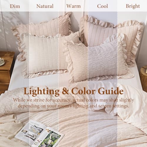 JOLLYVOGUE Oversized King Comforter Set, 3 Pieces Beige Seersucker Comforters, Lightweight & Fluffy Bedding Sets for All Season with 1 Ruffle Comforter and 2 Ruffle Pillowshams