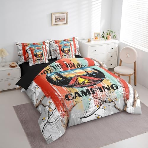 Erosebridal 7 Piece RV Bunk Bed Comforter Set King for Camper,Happy Camping Bedding Set with Sheets for Kids Adults,Travel Trailer Decor Rustic Cabin Country Bed in a Bag with Fitted+Flat Sheet