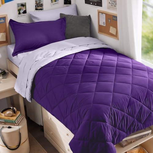 MUXHOMO 5 Pieces Twin XL Comforter Set, Reversible Bed in a Bag Twin XL Size, All Season Bedding Set with Comforter, Flat Sheet, Fitted Sheet, Pillowcases & Shams, Purple & Lavender