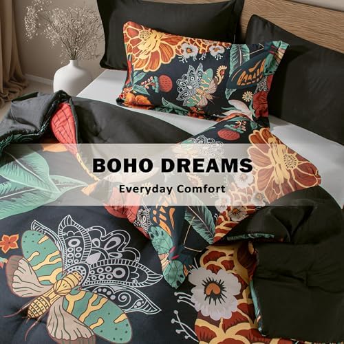 Tyrot Black Boho Floral King Comforter Set - 3 Piece Vintage Botanical Bedding Comforter Sets for All Season Soft Lightweight Mid Century Modern Bed Set, (1 Reversible Comforter and 2 Pillow Shams