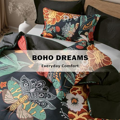 Tyrot Black Boho Floral King Comforter Set - 3 Piece Vintage Botanical Bedding Comforter Sets for All Season Soft Lightweight Mid Century Modern Bed Set, (1 Reversible Comforter and 2 Pillow Shams