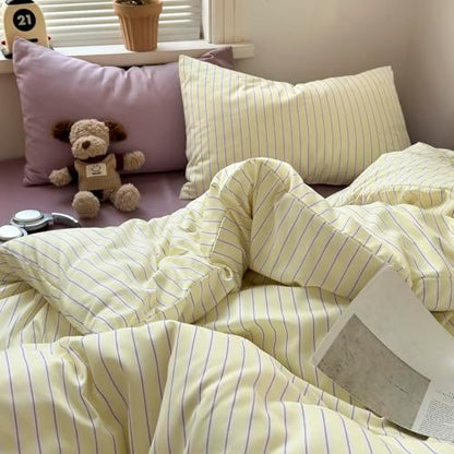 mixinni Pastel Yellow Lavender Striped Twin XL Duvet Cover Set, Soft Premium Washed Microfiber Aesthetic Stripes Comforter Cover with Hidden Zipper & Corner Ties, 3 Piece Sweet Teen Bedding for Girls