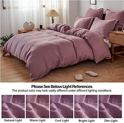 Simple&Opulence 100% Linen Duvet Cover Set 3pcs Basic Style Natural French Washed Flax Solid Color Soft Breathable Farmhouse Bedding with Button Closure - Purple, King