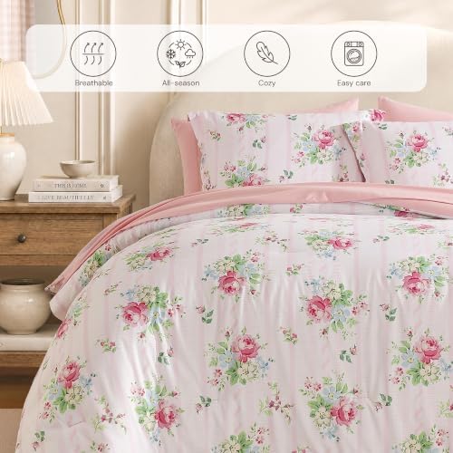 BLOOMHAVEN Twin XL Comforter Set-5 Pieces Pink Floral Bed in a Bag