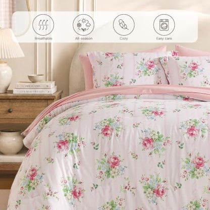 BLOOMHAVEN Twin XL Comforter Set-5 Pieces Pink Floral Bed in a Bag