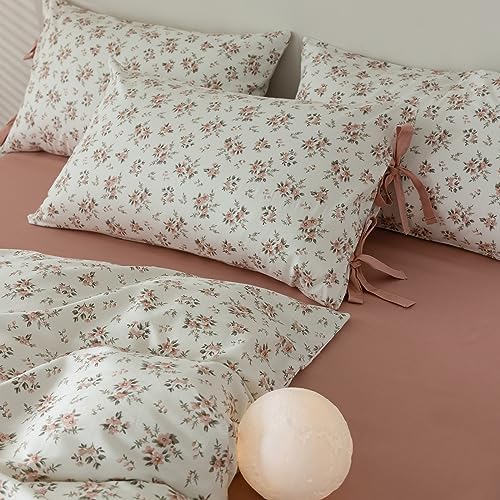 Vintage Floral White Comforter Set King Vibrant Colors Garden Flower Leaves Comforter Set for Girls Women Floral Botanical Pink Comforter Set 1 Flower Comforter with 2 Bow Ties Pillowcases All Season