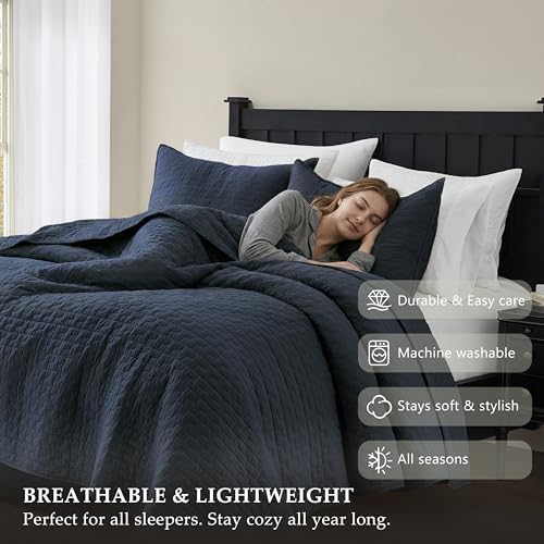 palassio Navy Blue 100% Cotton Quilt King Size Bedding Sets with 2 Pillow Shams, Textured Lightweight Soft Bedspread Shabby Chic Coverlet, Quilted Comforter Bed Cover for All Season, 3 Pieces