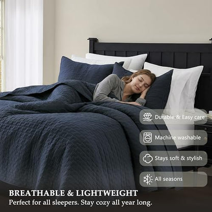palassio Navy Blue 100% Cotton Quilt King Size Bedding Sets with 2 Pillow Shams, Textured Lightweight Soft Bedspread Shabby Chic Coverlet, Quilted Comforter Bed Cover for All Season, 3 Pieces