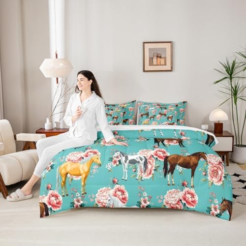Erosebridal Kids Horse Twin Comforter Set 7 Pieces, Chic Retro Floral Bed in A Bag, Galloping Horse Printed Bedding Set with Comforters, Sheets, Pillowcases Farm Animal Bedroom Decor