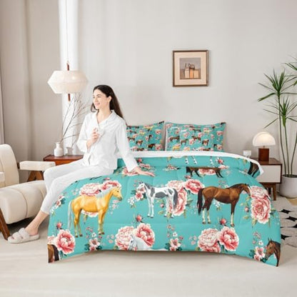 Erosebridal Kids Horse Twin Comforter Set 7 Pieces, Chic Retro Floral Bed in A Bag, Galloping Horse Printed Bedding Set with Comforters, Sheets, Pillowcases Farm Animal Bedroom Decor