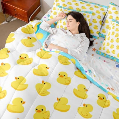 Erosebridal Blue and Yellow Duck Twin Bedding Set 7 Piece Lovely Duck Lovers Bed in A Bag with Sheets Cartoon Rustic Country Comforter Set for Kids Adults,Wild Duck Animals Bed Sets