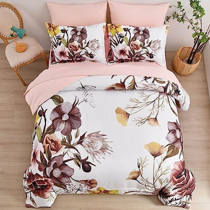Luxudecor Floral Comforter Set Twin Size 5 Piece, Blush Flower Bed in a Bag, Elegant Floral Comforter with Sheet Set, Soft Microfiber Bedding Set for All Season (Blush, 68"x86")