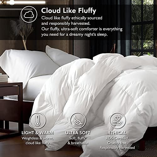 Luxurious Queen Size Goose Down Fiber Waterfowl Feather Fiber Comforter Duvet, 48 oz. Fill Weight, Baffle Box Design, White Solid