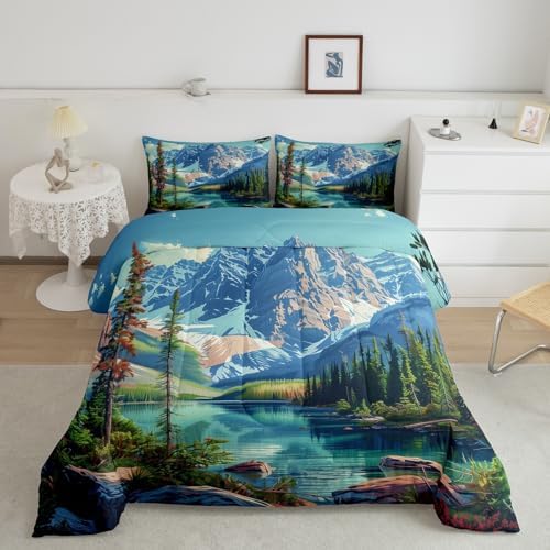 Camping Comforter Set King Size,Lake House Woodland Bedding Set for Kids Teens Adults Room Decor,Adventure Theme Microfiber Soft Quilt Set,Nature Scenery Mountain Duvet Insert 3Pcs,2 Pillowcases