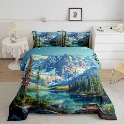 Camping Comforter Set King Size,Lake House Woodland Bedding Set for Kids Teens Adults Room Decor,Adventure Theme Microfiber Soft Quilt Set,Nature Scenery Mountain Duvet Insert 3Pcs,2 Pillowcases