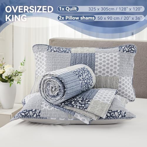 Cozyholy Navy Blue Gray Oversized King Quilt Set 128x120, 3 Piece Quilted Bedspread Set Patchwork Plaid Bedding Comforter Set Reversible Lightweight Microfiber Bed Spread Coverlet Set for All Seasons