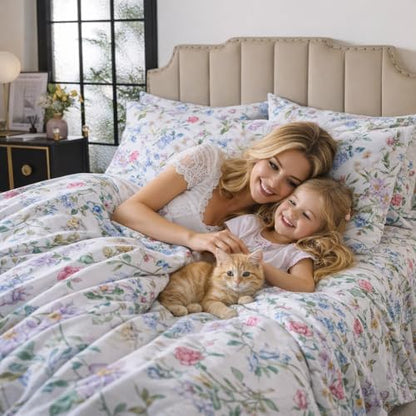 FADFAY Garden Floral King Sheet Set, 100% Cotton Botanical Print Bedding, Soft Breathable 4-Piece Bed Sheets with Deep Pocket, All Season