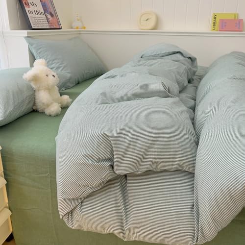 mixinni Green Striped Duvet Cover Twin XL Size - 100% Washed Cotton Pinstripe Comforter Cover with Zipper Closure, Lightweight & Breathable, 3 Pieces Minimalist Stripes Pattern Printed Bedding Set